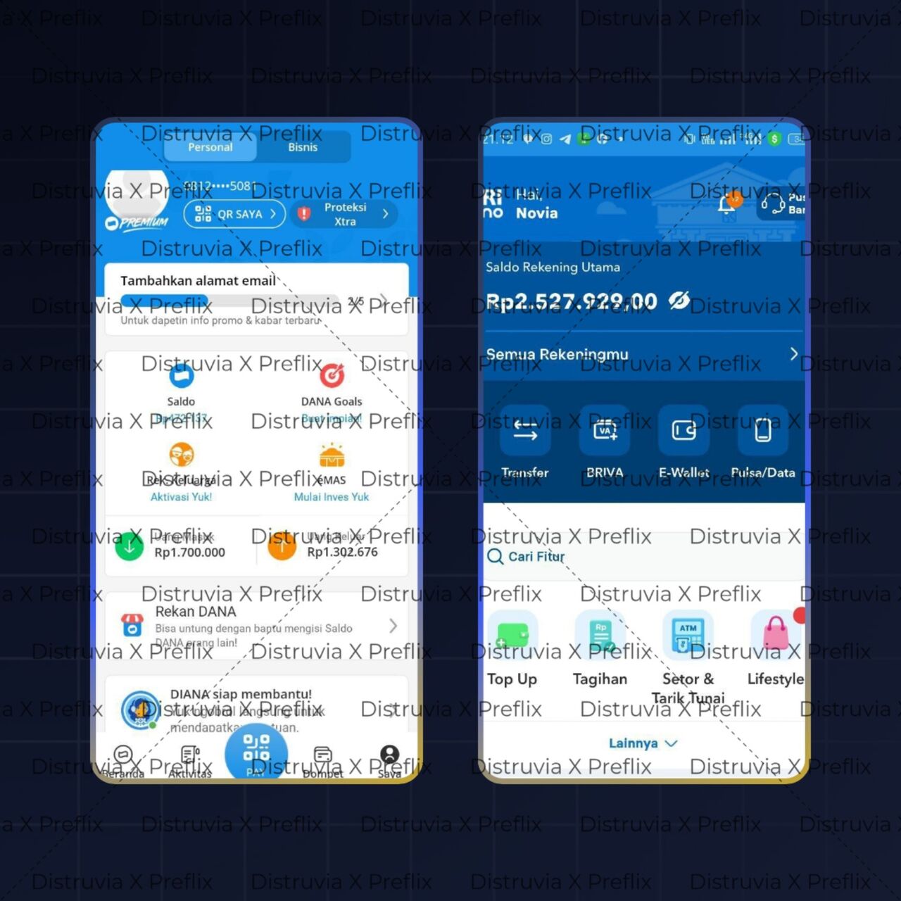 Kolase fasilitas transaksi digital dan saldo rekening